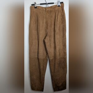 Vtg Lanna Brown 100% Suede Pleated Leather Pants 31x44 High-Rise Straight Leg